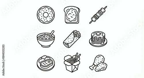 Food Icons Set of Popular International Cuisine Flat Vector Illustration - Pizza, Sushi, Burger, Pasta, Fried Chicken, Taco, Sandwich, Steak, Ramen, Noodles, Dumpling, Croissant, Hotdog, Paella, Curry