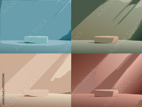 Abstract geometric composition with minimalist platforms in varying color palettes