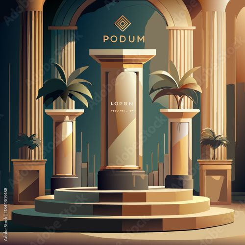 Elegant podium display with columns plants and a luxurious art deco aesthetic