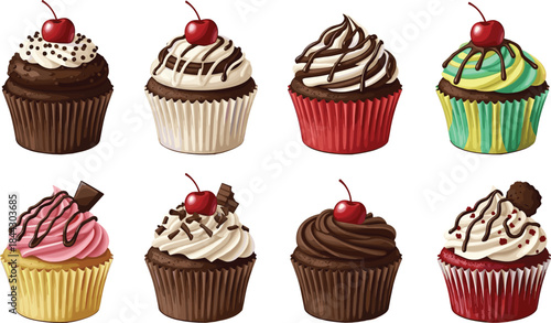 Delicious cupcake illustration set featuring chocolate, vanilla, and colorful frosting with cherries, sprinkles, drizzles, and toppings perfect for bakery, dessert, and sweet treat vector designs.