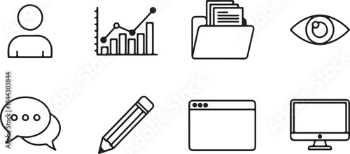 Collection of eight simple line art icons representing business and technology concepts vector illustration