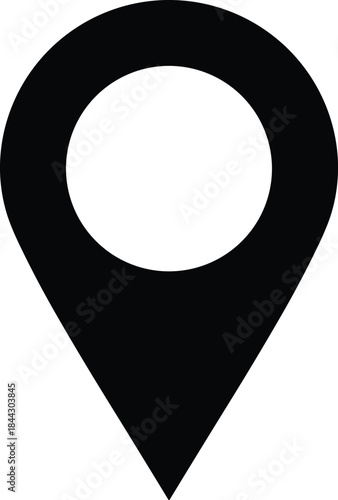 Minimalist pin symbol with a central white circle, useful for applications involving travel, direction, delivery, proximity, tracking, and identifying a specific spot on a cartographic interface.