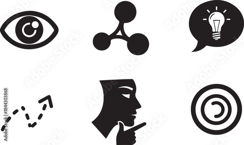 Collection of six black and white icons representing ideas and thought processes iris pupil