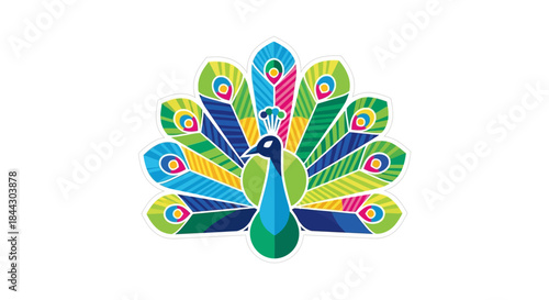 Vibrant peacock with stylized geometric feathers displaying colorful plumage art