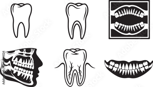 Dental health icons showing teeth skull X-ray and jawbone in black and white tooth dentistry
