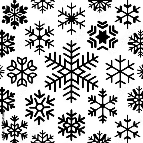 Seamless pattern with snowflakes of various shapes and designs. Vector image in flat art style