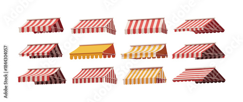 Collection of Colorful Store Awnings on White Background