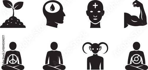 Diverse Black and White Icons Representing Growth, Health, and Spirituality symbol plant