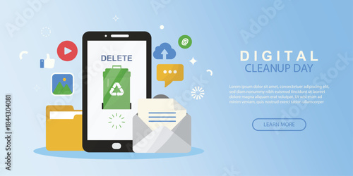Digital cleanup day smartphone banner. Reduce the carbon footprint associated with digital waste. Promote a cleaner and more sustainable digital future. Flat style. Clean up data. Vector illustration