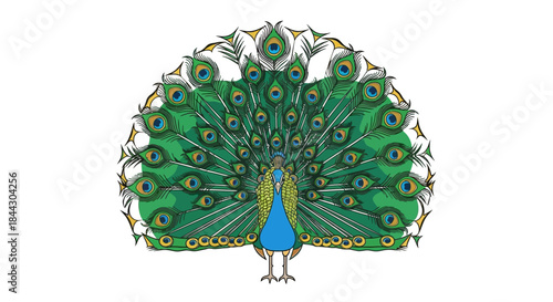 Vibrant Peacock Displaying Feathers in Green Blue and Gold Colors Artistic Style