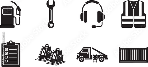Eight black silhouette icons related to industry and logistics gas pump fuel