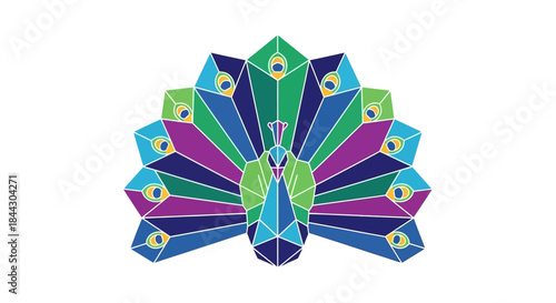 Elegant geometric peacock illustration with vibrant hues and intricate design elements for