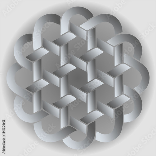 An intricate looped geometry of metallic ribbons suggests infinite continuity, balance, and precision, blending mathematical elegance with calm futuristic symmetry.