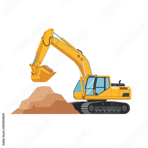 An illustration of a yellow excavator digging soil and creating a dirt pile on a white background.