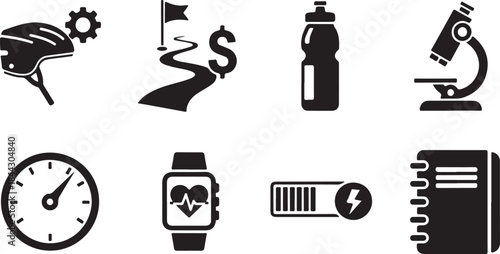Set of eight black and white icons representing cycling health and business concepts Keywords: cycling helmet gear cogwheel road map flag dollar