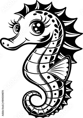A cartoon seahorse is depicted in a black and white line art style against a clean white background. The seahorse is positioned in the center, facing towards the upper-left, with its head in a slight 