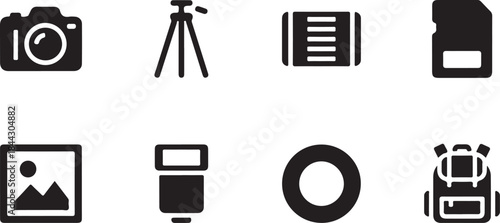 Set of eight black photography and travel icons on white background camera lens