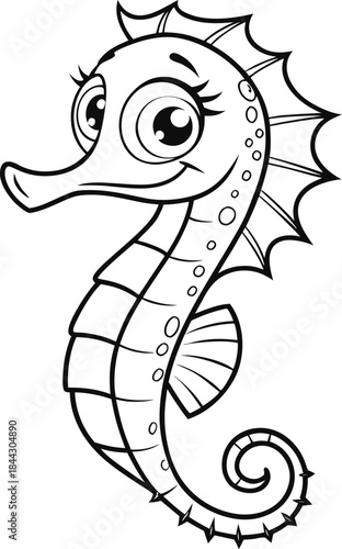 A cartoon seahorse is depicted in a black and white line art style against a clean white background. The seahorse is positioned in the center, facing towards the upper-left, with its head in a slight 