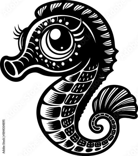 A cartoon seahorse is depicted in a black and white line art style against a clean white background. The seahorse is positioned in the center, facing towards the upper-left, with its head in a slight 