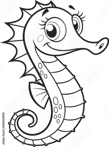 A cartoon seahorse is depicted in a black and white line art style against a clean white background. The seahorse is positioned in the center, facing towards the upper-left, with its head in a slight 