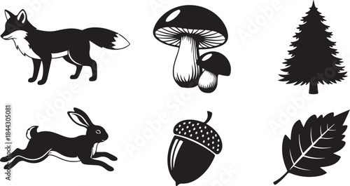 Six black silhouette icons of forest elements and animals wild canine