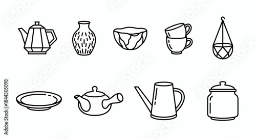Clay Pottery Icons Set of Ceramic Tableware Vases Cups and Traditional Earthenware Vector Illustration
