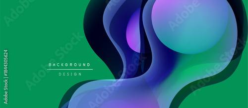 Abstract fluid shapes overlap vibrant green backdrop. Modern design features smooth gradients, creating dynamic visual effect.