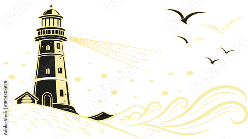 Black and white lighthouse illustration with light beam and seagulls over stylized waves