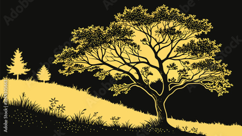 Stylized illustration of a large tree on a grassy hillside at night