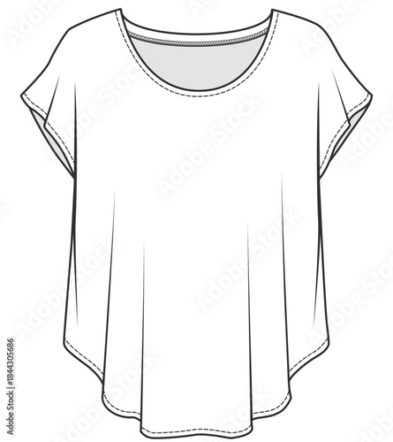 womens loose fit scoop neck t shirt flat sketch vector illustration technical cad drawing template