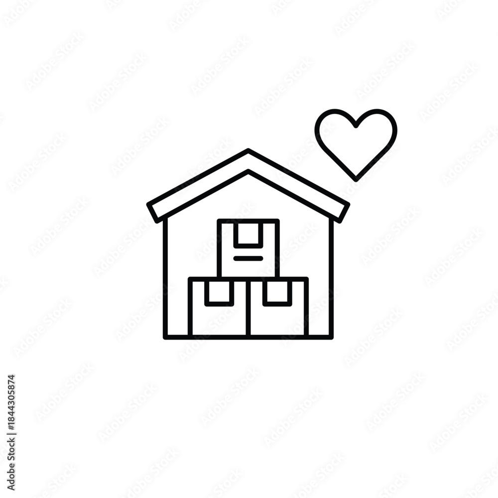 Obraz premium Warehouse with parcel boxes and heart. Delivery with care. Shipment packed with love. Pixel perfect, editable stroke vector icon
