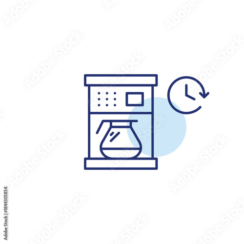 Coffee maker, pot and clock. Espresso brewing, cafe working hours. Auto-start coffee preparation. Pixel perfect, editable stroke vector icon