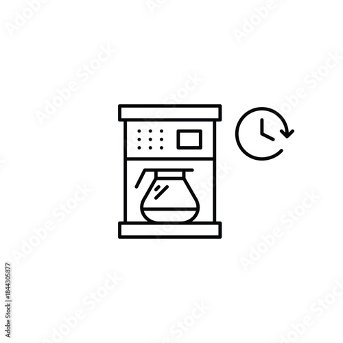 Coffee maker, pot and clock. Espresso brewing, cafe working hours. Auto-start coffee preparation. Pixel perfect, editable stroke vector icon
