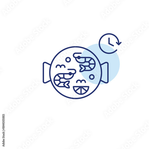 Shrimp paella and clock. Food scheduled delivery and meal pick-up on time. Takeaway Asian cuisine. Pixel perfect, editable stroke vector icon