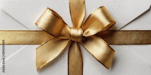 Elegant Package: Close-up of a delicate white envelope adorned with a shimmering gold bow, showcasing the art of presentation and the anticipation of gifting. 