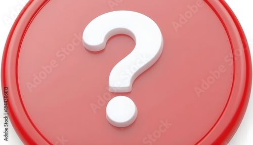 3d question mark icon on red round button or badge.3d rendering.Isolated on white background.

