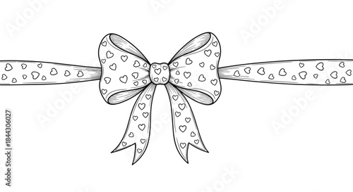 Hand-drawn black and white illustration of a decorative gift bow with a heart pattern, tied around a ribbon on a white background.