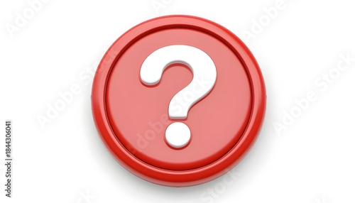 3d question mark icon on red round button or badge.3d rendering.Isolated on white background.

