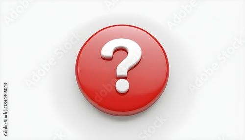 3d question mark icon on red round button or badge.3d rendering.Isolated on white background.


