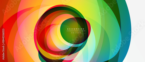 Abstract colorful layers create swirling vortex. Modern design features vibrant hues, geometric shapes, dynamic composition.