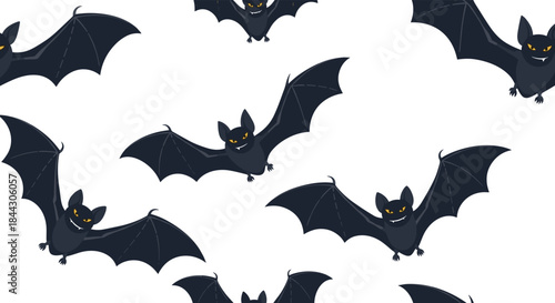 Spooky seamless pattern featuring cartoon flying bats with glowing yellow eyes on a white background, perfect for Halloween decorations.