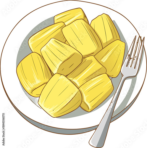 A close-up studio shot presents a white ceramic plate piled high with ripe jackfruit pods, and a silver fork. The jackfruit pods, the main subject, are a vibrant yellow color and arranged in a seeming