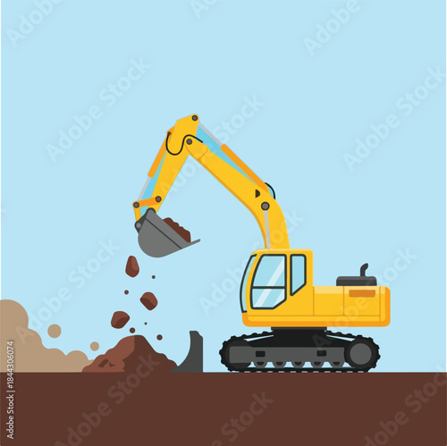 A yellow excavator is actively digging and dropping brown soil onto a growing pile against a clear, light blue sky.