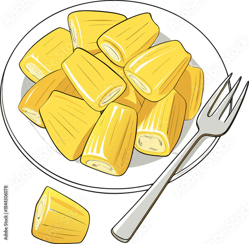 A close-up studio shot presents a white ceramic plate piled high with ripe jackfruit pods, and a silver fork. The jackfruit pods, the main subject, are a vibrant yellow color and arranged in a seeming