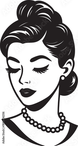 Elegant vintage woman with a pearl necklace and classic up do in a timeless black and white illustration