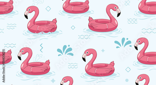 Fun summer seamless pattern with pink flamingo inflatable pool floats on a light blue water background with simple graphic elements.