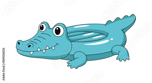 Cute cartoon illustration of a friendly blue crocodile or alligator inflatable swimming ring, isolated on a white background.