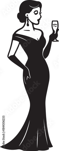 Elegant woman in a stunning black evening gown celebrating with a glass of champagne