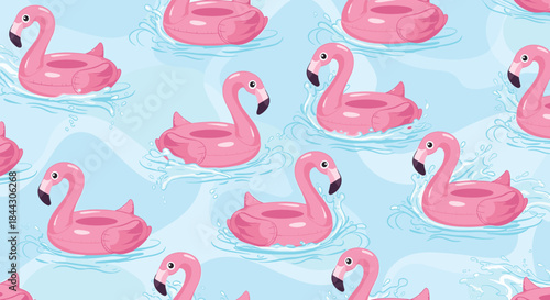 Vibrant seamless pattern of pink flamingo inflatable swimming rings floating on a bright blue water surface for summer backgrounds.