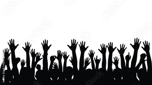 Black silhouette of multiple raised hands in a crowd